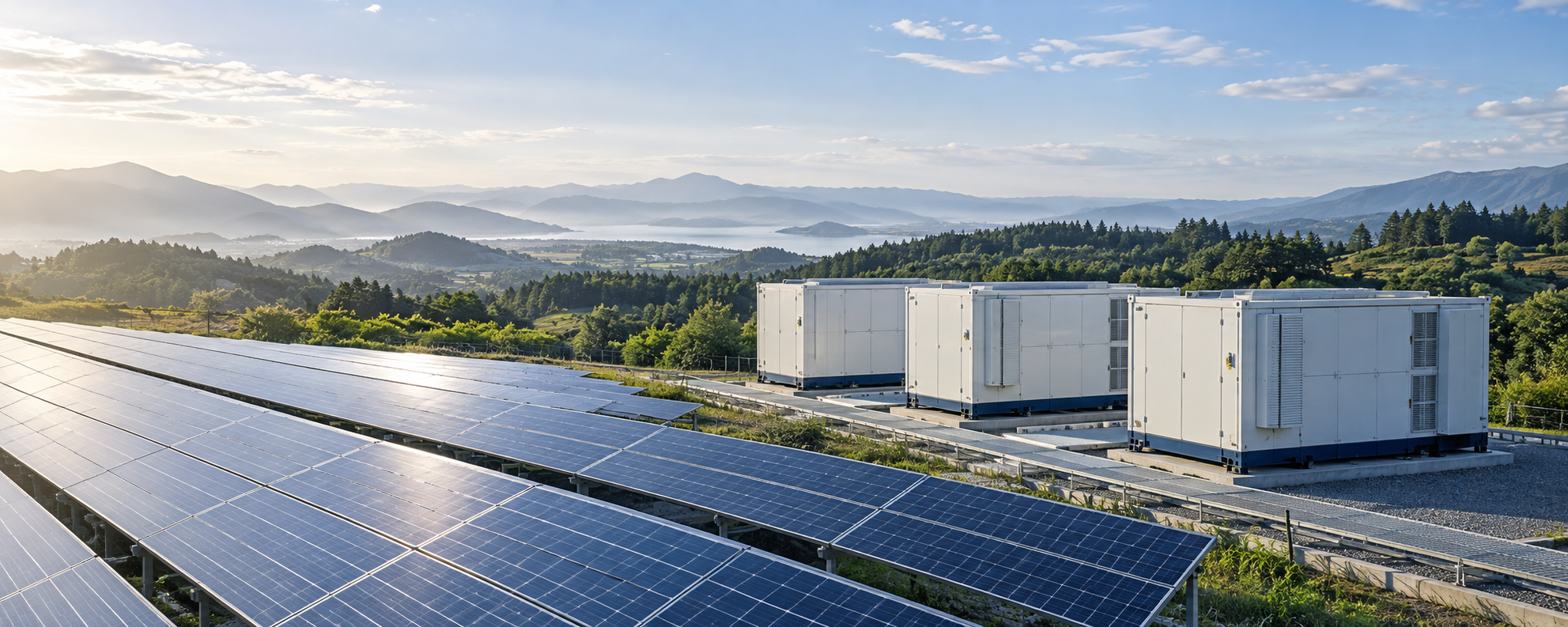 太陽光発電と蓄電池を組み合わせたエネルギー設備のイメージ